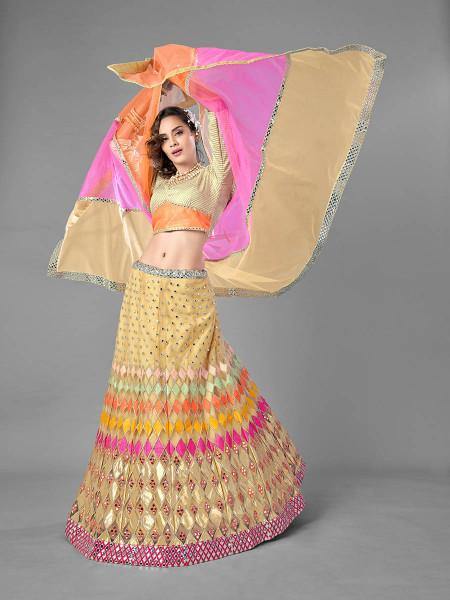 Beige Heavy Embroidered Soft Net bridal Lehenga - Vamzn#