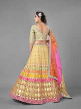 Beige Heavy Embroidered Soft Net bridal Lehenga - Vamzn#