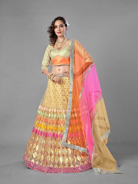 Beige Heavy Embroidered Soft Net bridal Lehenga - Vamzn#