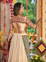 Beige Maslin Cotton Embroidered Navratri Special Lehenga - Vamzn#