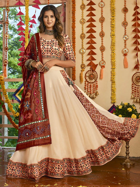 Beige Maslin Cotton Embroidered Navratri Special Lehenga - Vamzn#