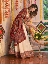 Beige Maslin Cotton Embroidered Navratri Special Lehenga - Vamzn#