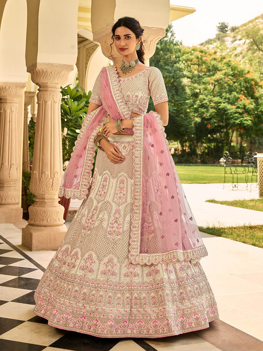 Beige Organza Embroidered Lehenga Choli - Vamzn#