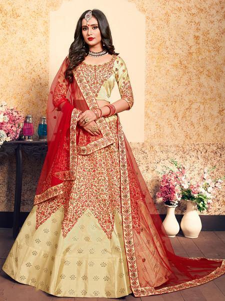 Beige Satin Embroidered Lehenga - Vamzn#