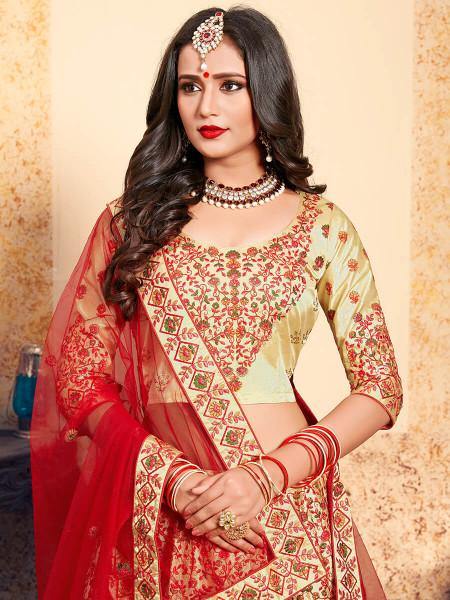 Beige Satin Embroidered Lehenga - Vamzn#