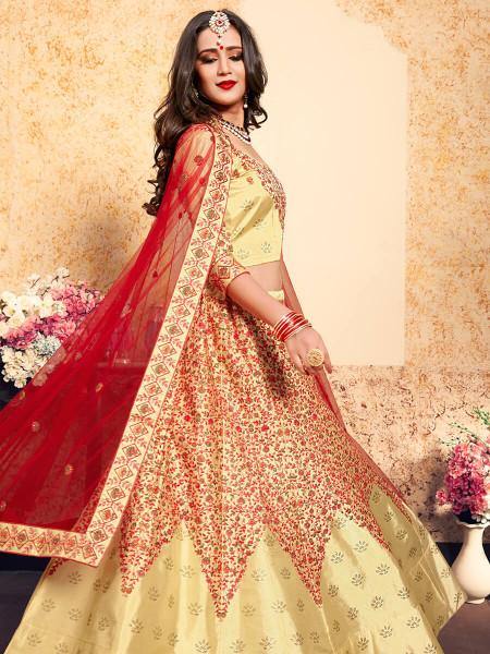 Beige Satin Embroidered Lehenga - Vamzn#