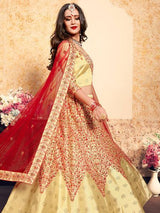 Beige Satin Embroidered Lehenga - Vamzn#