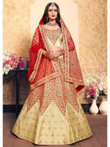 Beige Satin Embroidered Lehenga - Vamzn#