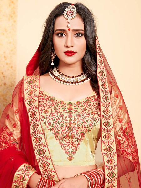 Beige Satin Embroidered Lehenga - Vamzn#