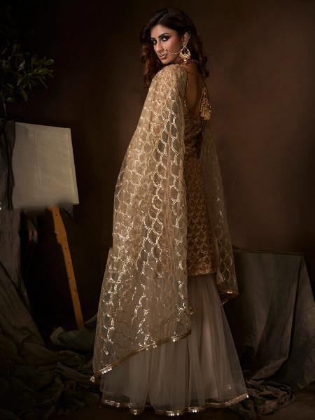 Beige Soft Net Gharara Suit - Vamzn#