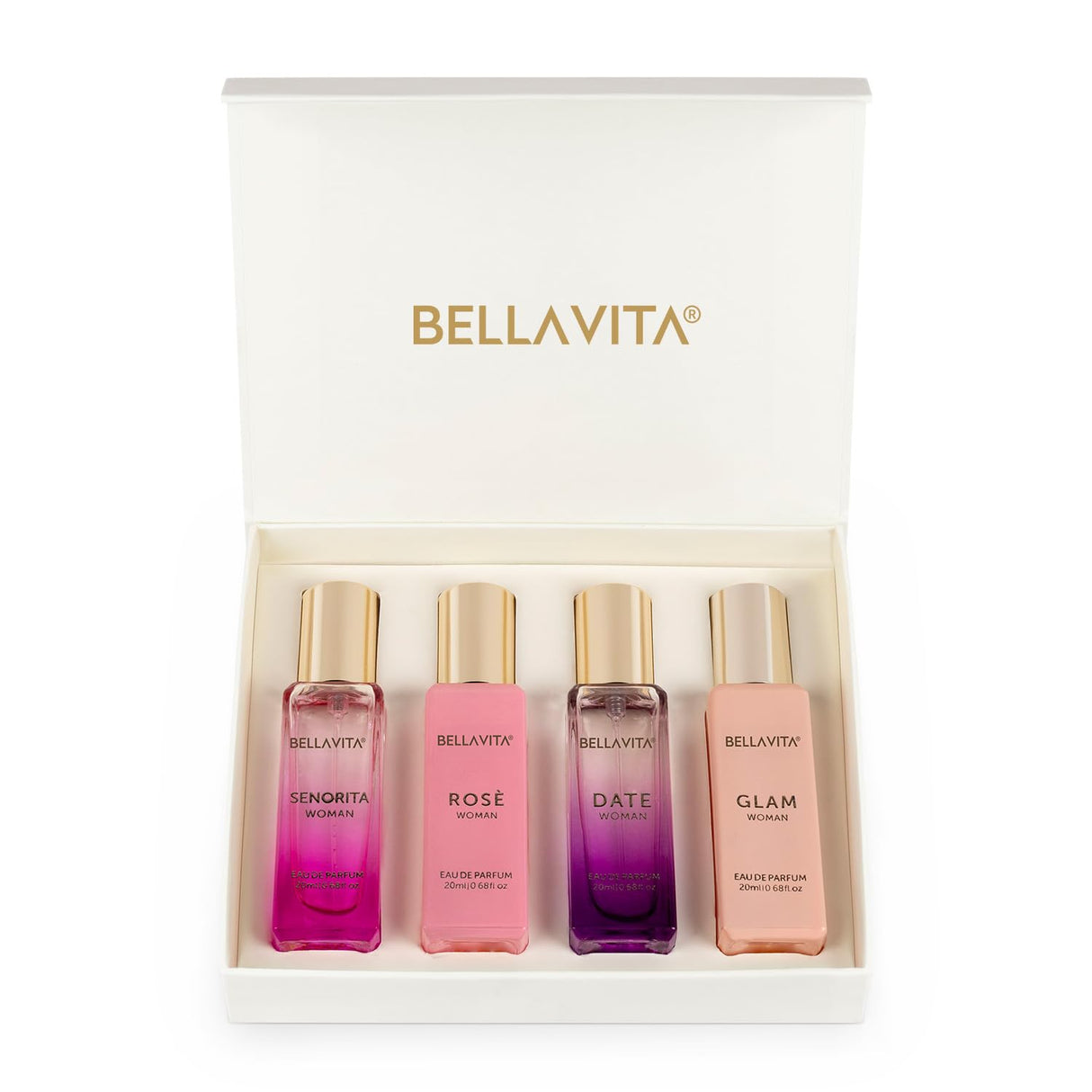 Bella Vita Luxury Woman Eau De Parfum Gift Set 4x20 ml for Women with Date, Senorita, Glam, Rose Perfume|Floral, Fruity Long Lasting EDP Fragrance Scent - Vamzn#