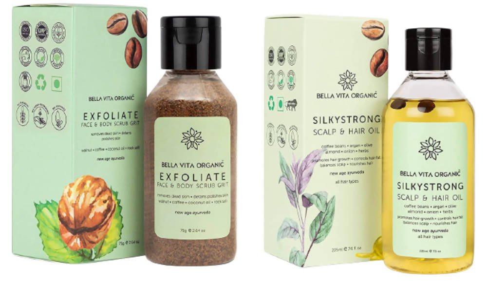 Bella Vita Organic Face & Body Scrub + Hair Oil Combo - Vamzn#