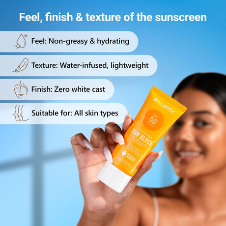 BELLAVITA Water based Hydrating Sunscreen, SPF 50, Lightweight, Photostable, PA+++, For All Skin Types, No White Cast, Non - Greasy Finish, UV Protection, Broad Spectrum, For Men & Women, 50ML - Vamzn#