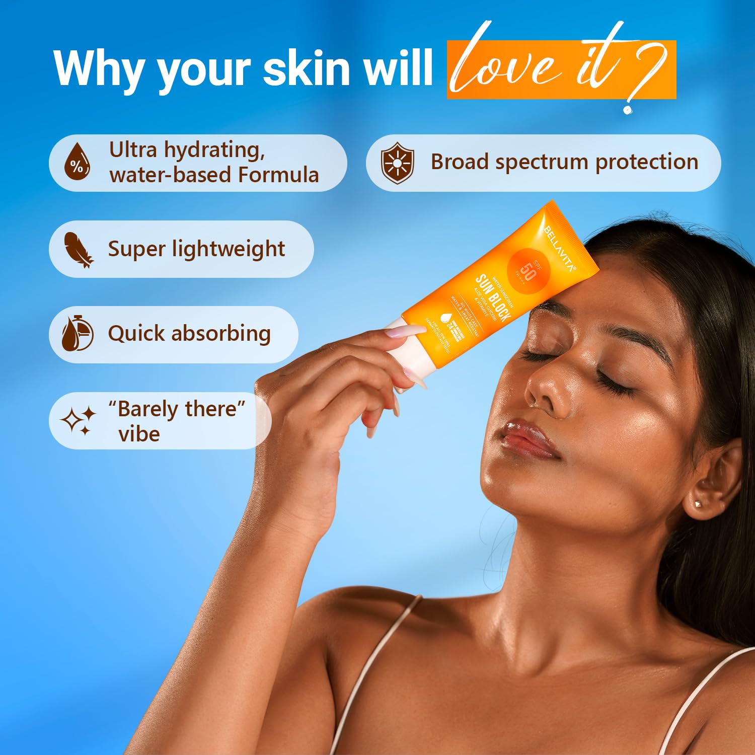 BELLAVITA Water based Hydrating Sunscreen, SPF 50, Lightweight, Photostable, PA+++, For All Skin Types, No White Cast, Non - Greasy Finish, UV Protection, Broad Spectrum, For Men & Women, 50ML - Vamzn#