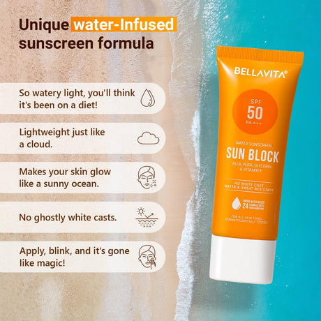 BELLAVITA Water based Hydrating Sunscreen, SPF 50, Lightweight, Photostable, PA+++, For All Skin Types, No White Cast, Non - Greasy Finish, UV Protection, Broad Spectrum, For Men & Women, 50ML - Vamzn#