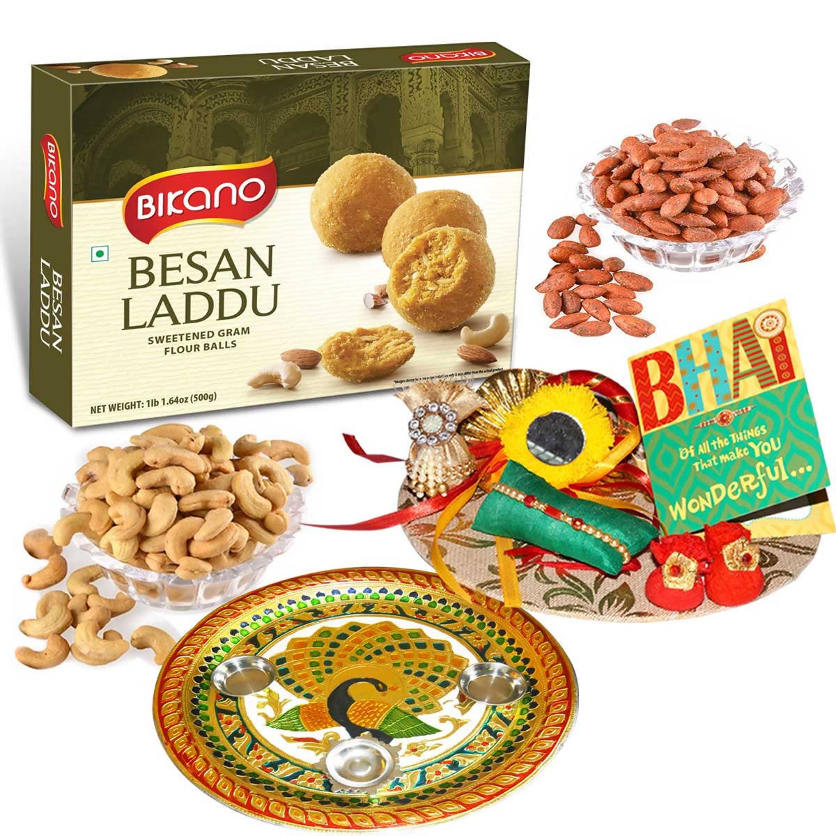 Bikano Besan Laddoo and Dryfruits Rakhi Puja Thali Gift - Vamzn#