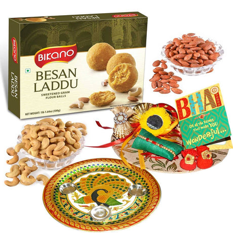 Bikano Besan Laddoo and Dryfruits Rakhi Puja Thali Gift - Vamzn#