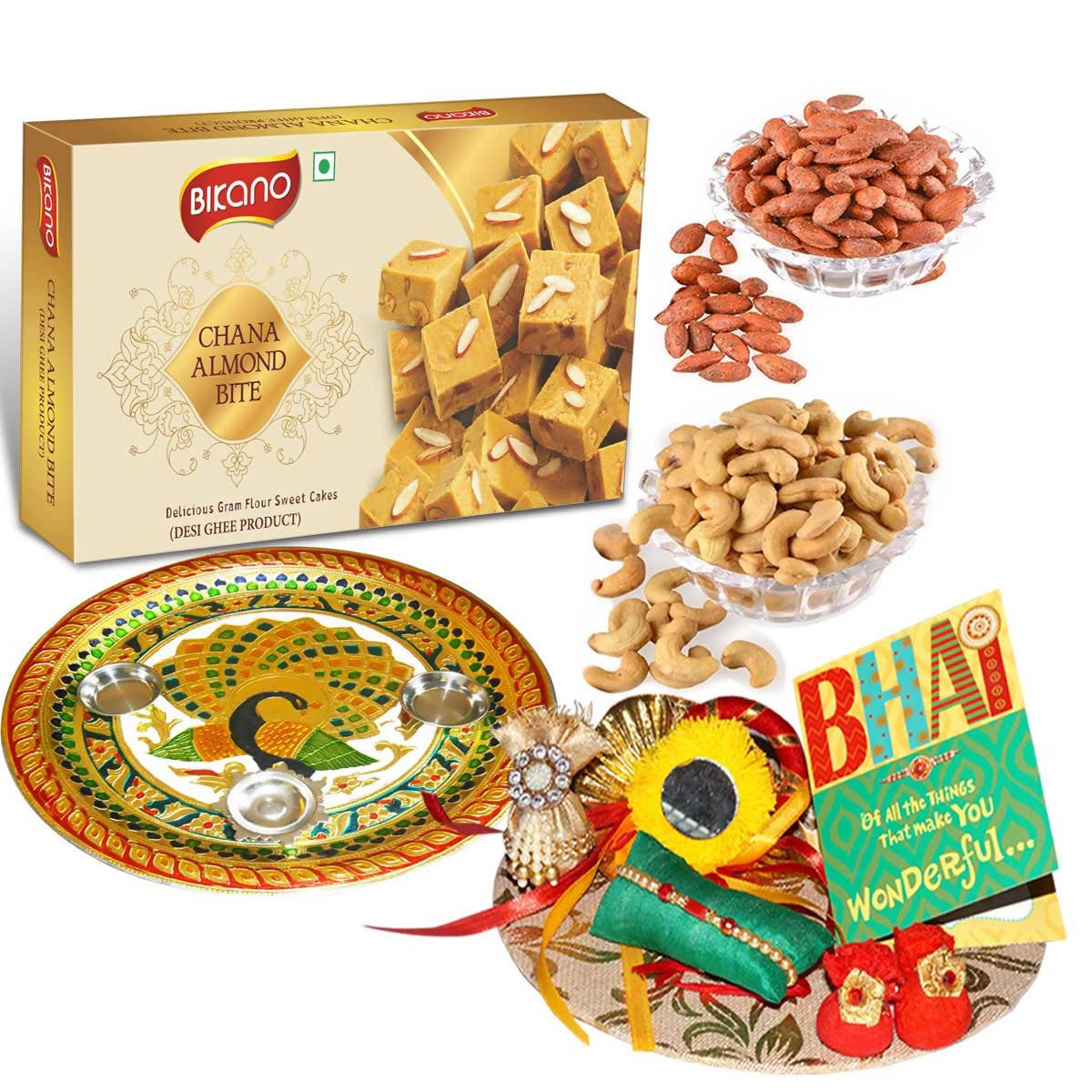 Bikano Chana Almond Bite and Dryfruits Rakhi Puja Thali Gift - Vamzn#