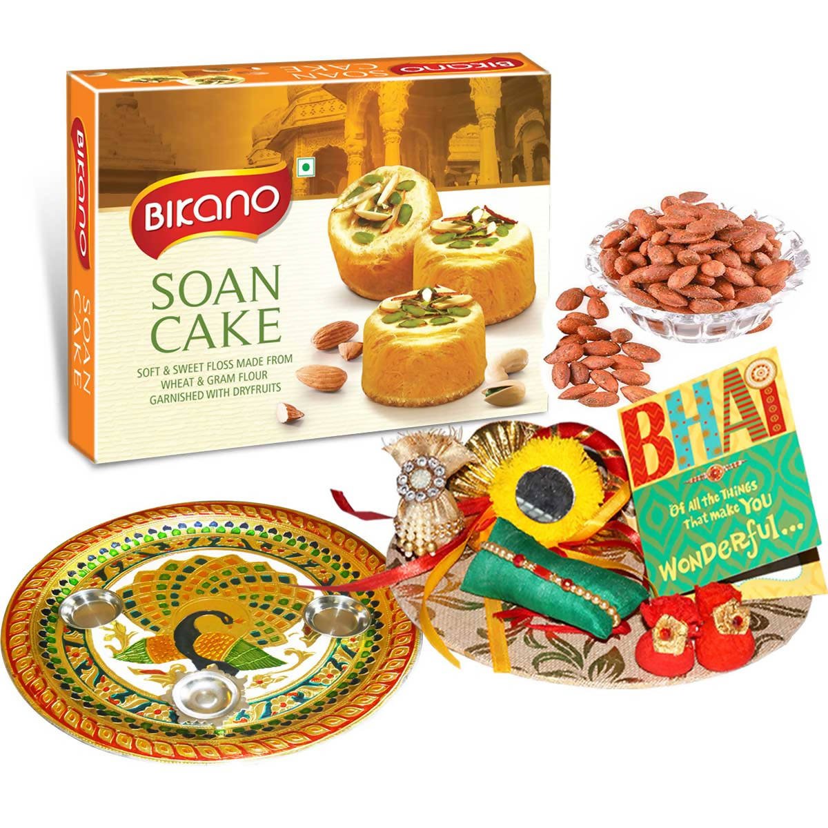 Bikano Soan Cake and Masala Almonds Rakhi Puja Thali Gifts - Vamzn#