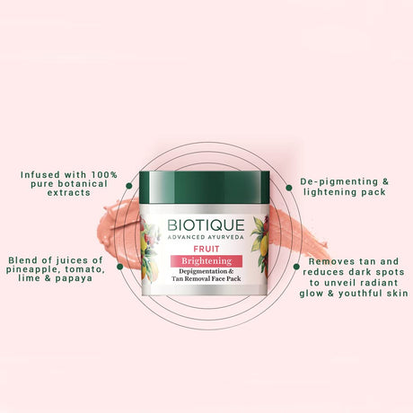 Biotique Fruit Brightening Depigmentation and Tan Removal Face Pack| Ayurvedic and Organically Pure| Tan Removal Face Pack for All Skin Types|100% Botanical Extracts| 75gm - Vamzn#