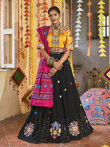 Black and Mustard Yellow Maslin Cotton Embroidered Navratri Special Lehenga - Vamzn#