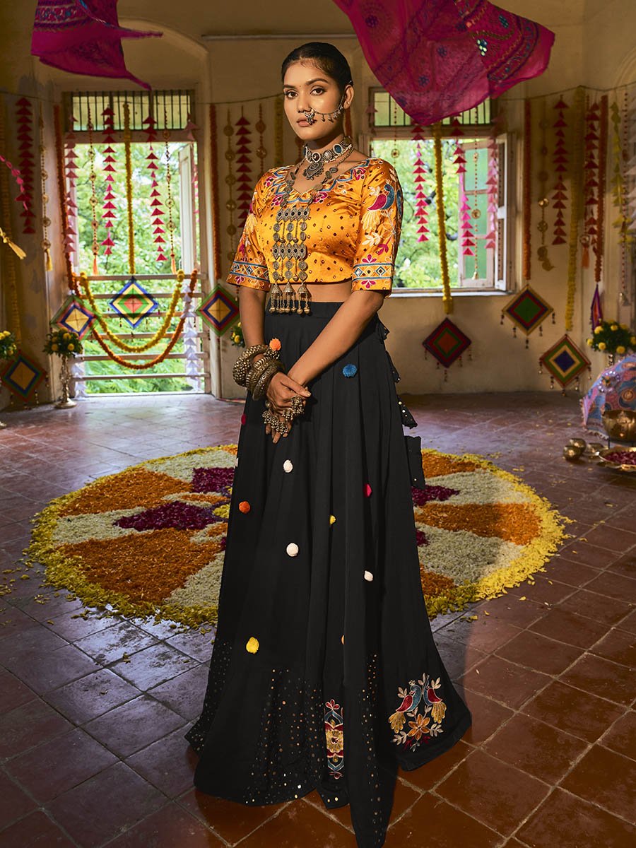 Black and Mustard Yellow Maslin Cotton Embroidered Navratri Special Lehenga - Vamzn#