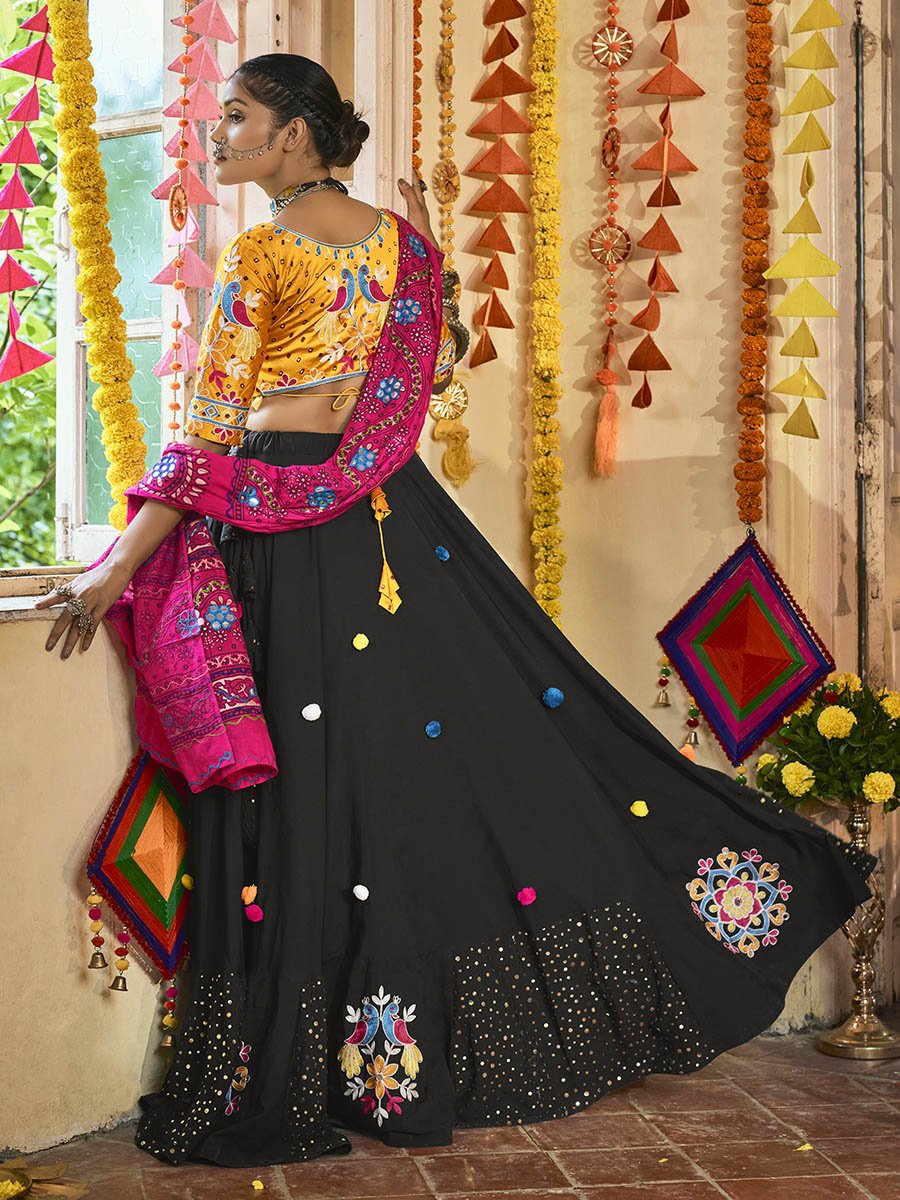 Black and Mustard Yellow Maslin Cotton Embroidered Navratri Special Lehenga - Vamzn#