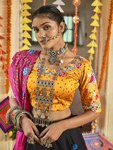 Black and Mustard Yellow Maslin Cotton Embroidered Navratri Special Lehenga - Vamzn#