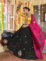 Black and Mustard Yellow Maslin Cotton Embroidered Navratri Special Lehenga - Vamzn#