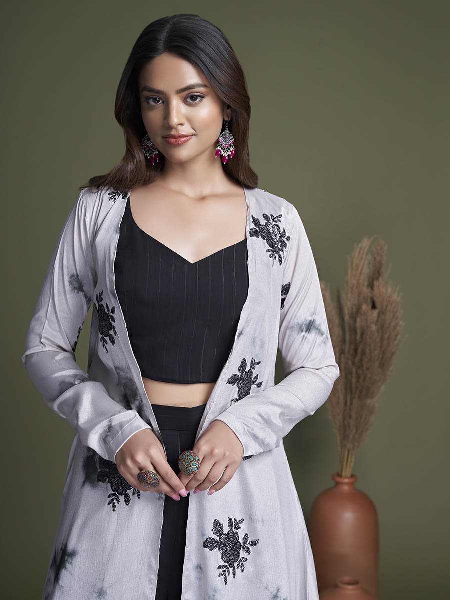 Black and White Koti Style Silk and Georgette Embroidered Palazo Suit - Vamzn#