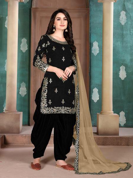 Black Art Silk Embroidered Patiyala Suit - Vamzn#