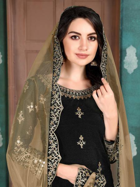 Black Art Silk Embroidered Patiyala Suit - Vamzn#