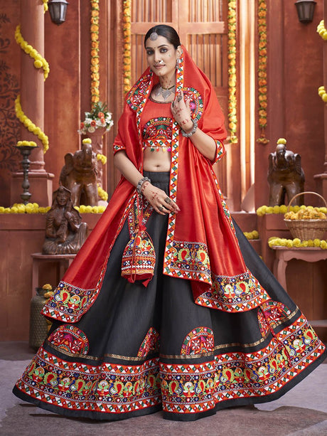 Black Art Silk Gamthi Work Designer Lehenga - Vamzn#