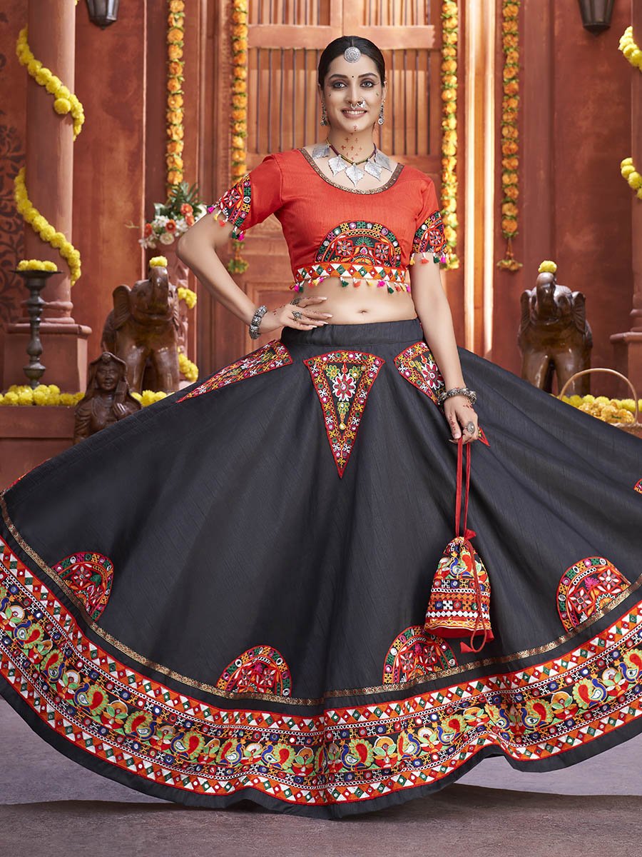 Black Art Silk Gamthi Work Designer Lehenga - Vamzn#