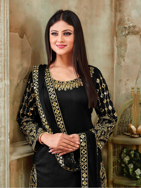 Black Art Silk Real Glass Work Suit - Vamzn#