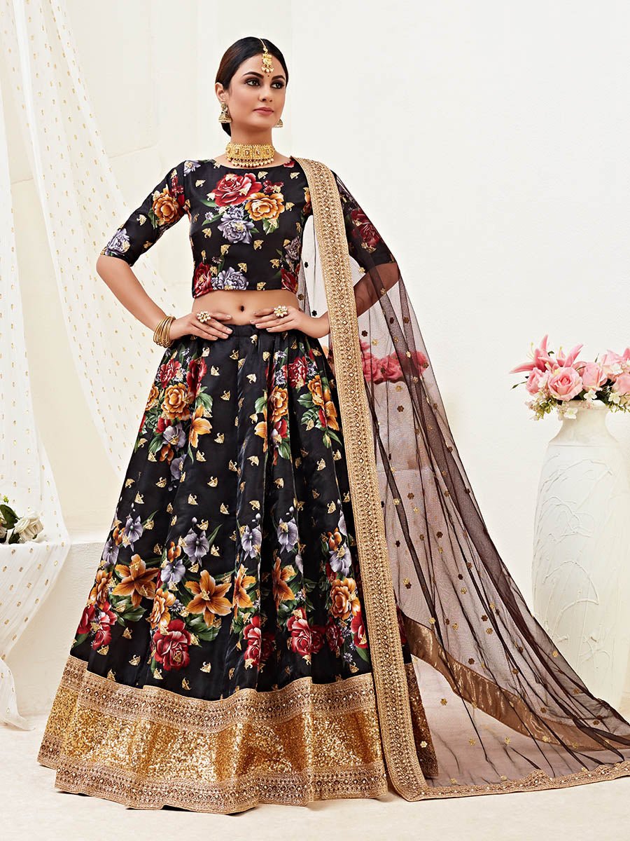 Black Floral Print Embroidered Designer Lehenga - Vamzn#