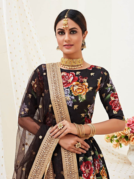 Black Floral Print Embroidered Designer Lehenga - Vamzn#