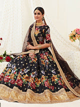 Black Floral Print Embroidered Designer Lehenga - Vamzn#