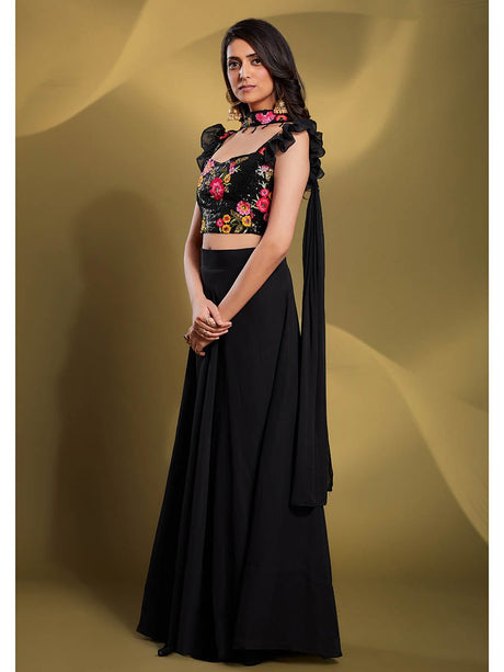 Black Georgette Embroidered Designer Lehenga - Vamzn#