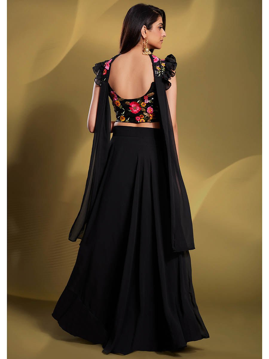 Black Georgette Embroidered Designer Lehenga - Vamzn#