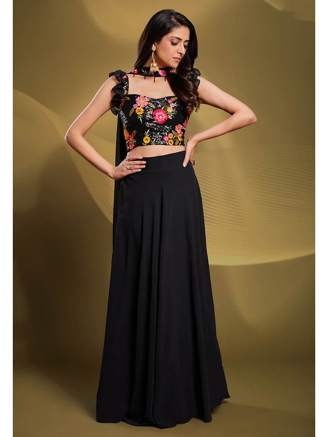 Black Georgette Embroidered Designer Lehenga - Vamzn#