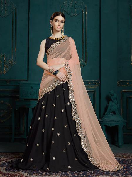 Black Georgette Embroidered Lehenga - Vamzn#