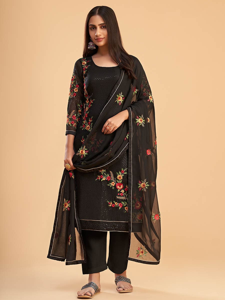 Black Georgette Embroidered Pant Style Suit - Vamzn#