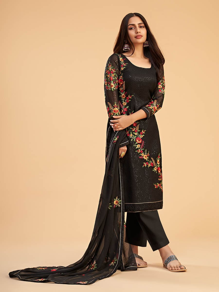 Black Georgette Embroidered Pant Style Suit - Vamzn#