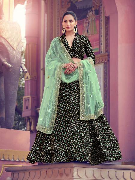 Black Heavy Embroidered Fur Lehenga - Vamzn#