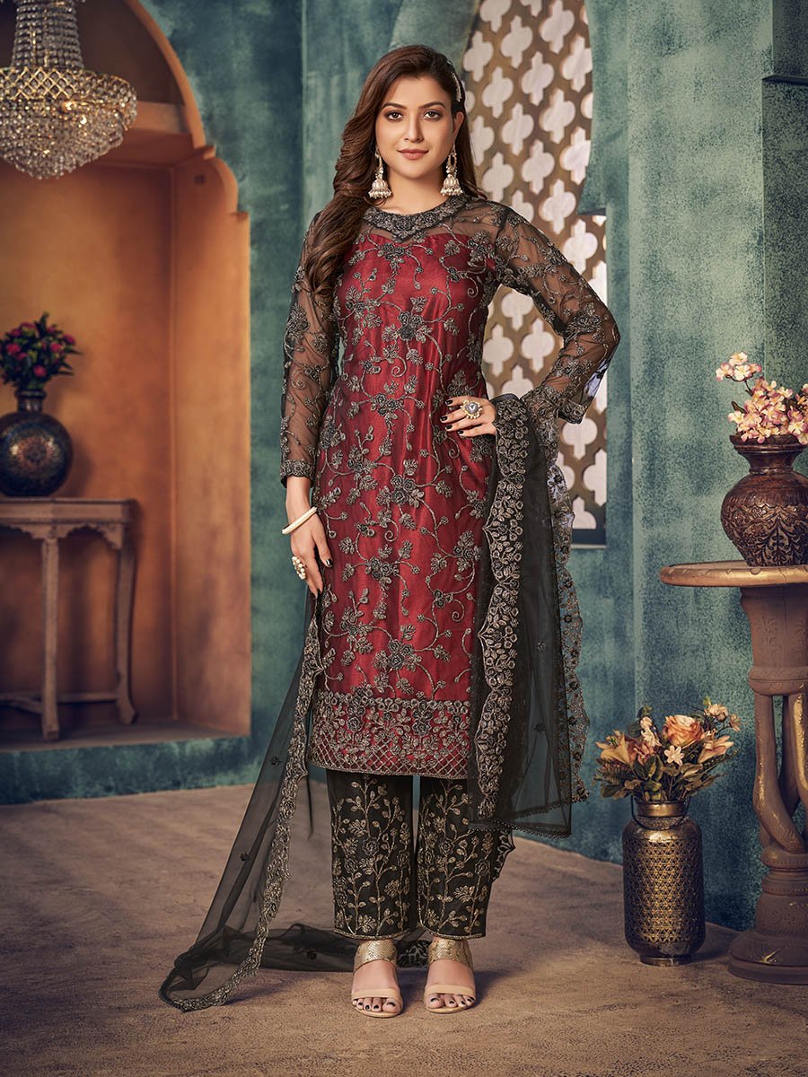 Black Heavy Embroidered Pant Style Suit - Vamzn#