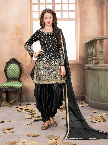 Black Tafeta Silk Patiyala Suit - Vamzn#