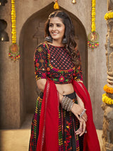 Black Viscose Rayon and Cotton Embroidered with Print Designer Lehenga - Vamzn#