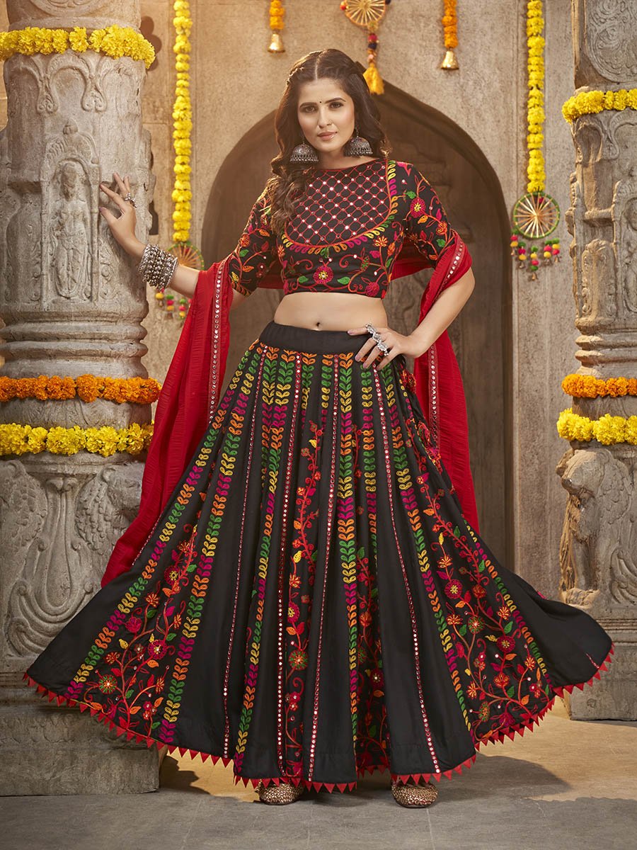 Black Viscose Rayon and Cotton Embroidered with Print Designer Lehenga - Vamzn#