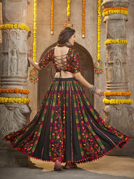 Black Viscose Rayon and Cotton Embroidered with Print Designer Lehenga - Vamzn#